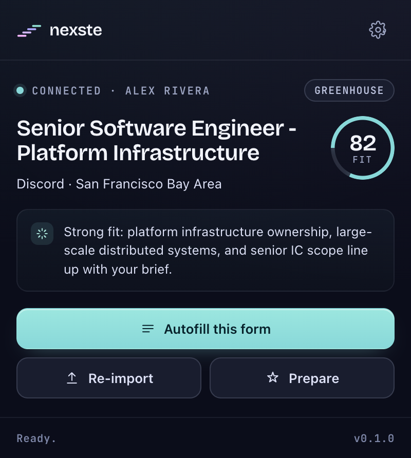 The nexste popup on a live Greenhouse posting: Senior Software Engineer - Platform Infrastructure at Discord, ranked 82 fit, with autofill ready